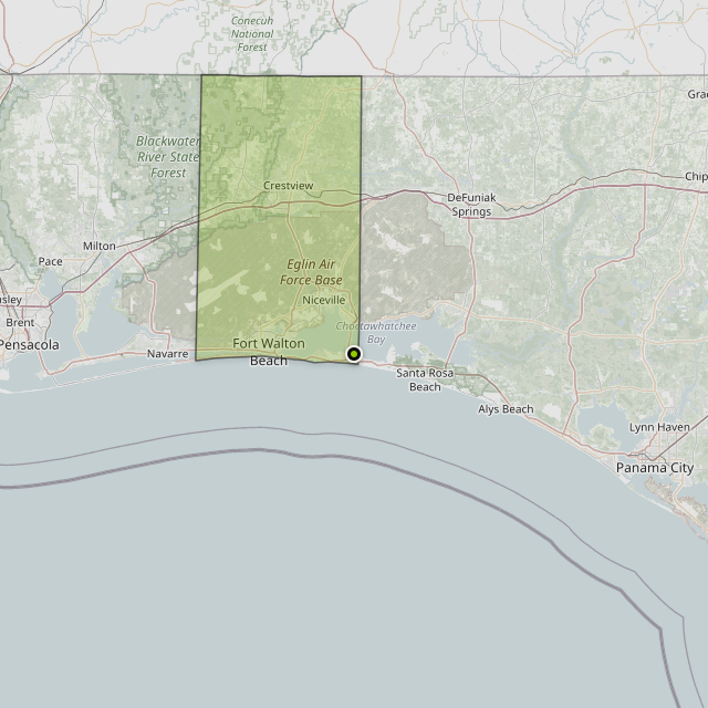 Map showing Okaloosa County around Destin, FL