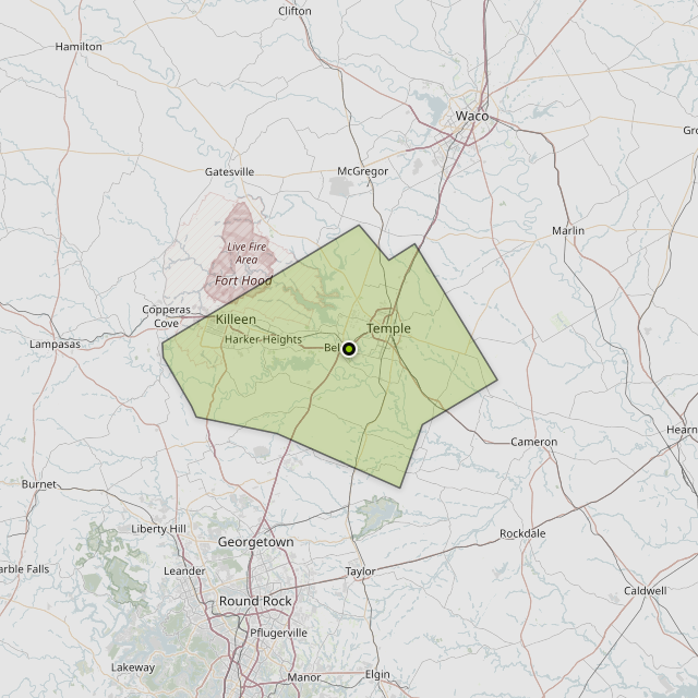 Map showing Bell County around Belton, TX
