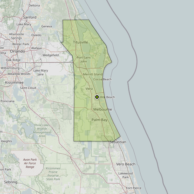 Map showing Brevard County around Melbourne, FL