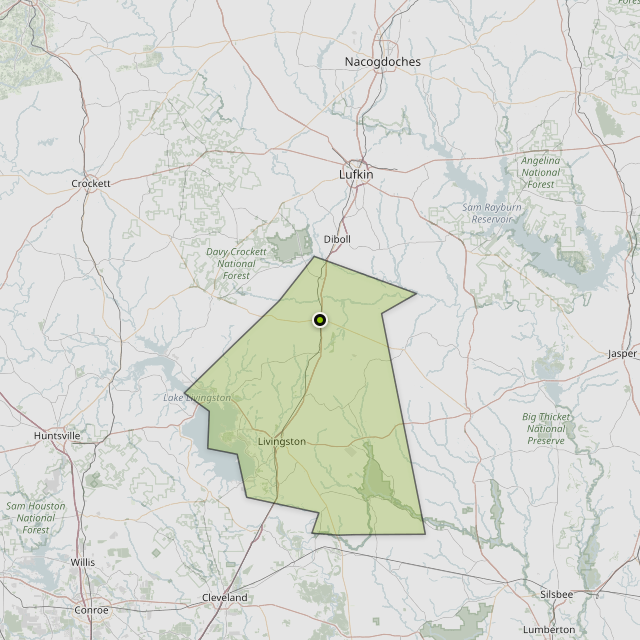 Map showing Polk County around Corrigan, TX