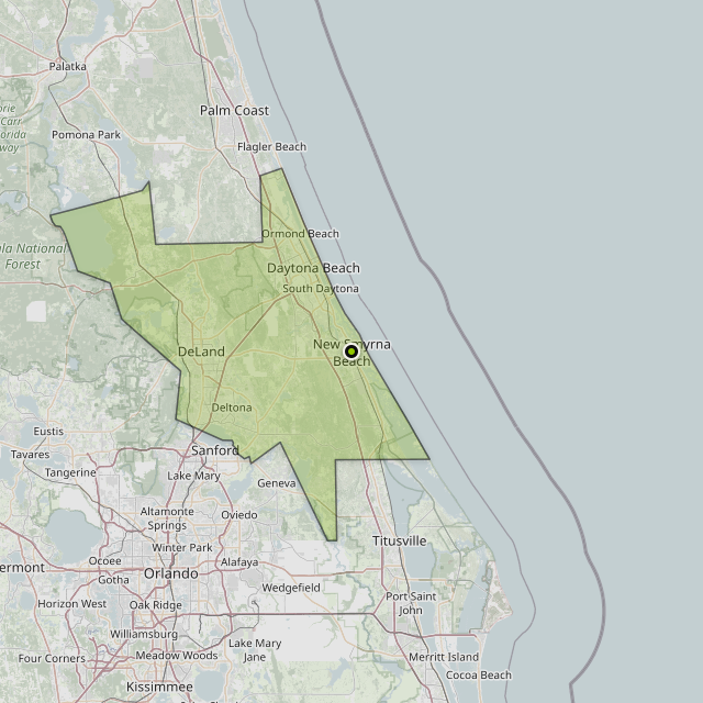 Map showing Volusia County around New Smyrna Beach, FL