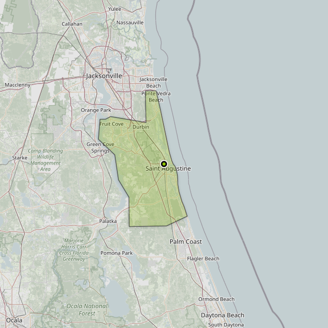 Map showing St. Johns County around St. Augustine, FL