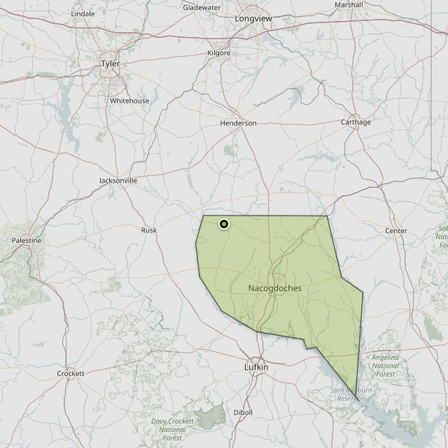 Map showing Nacogdoches County around Cushing, TX