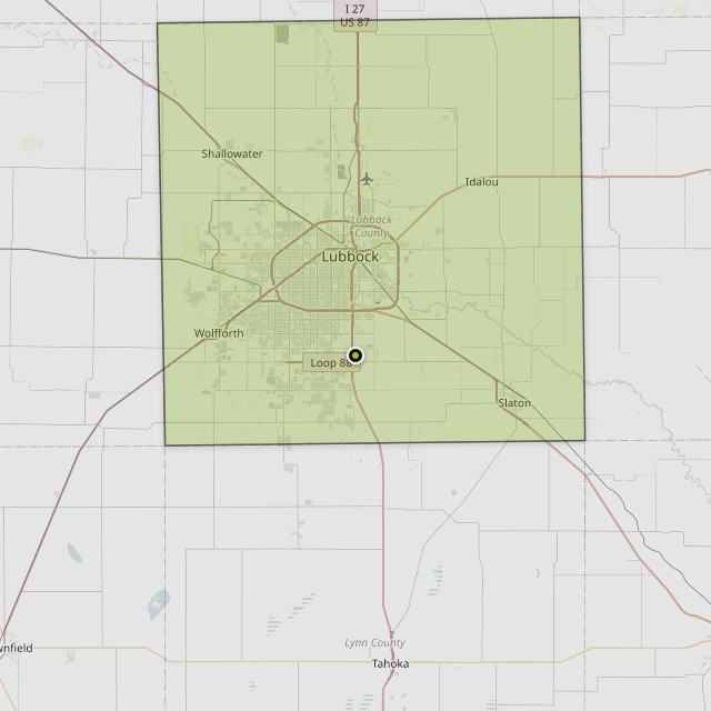 Map showing Lubbock County around Lubbock, TX