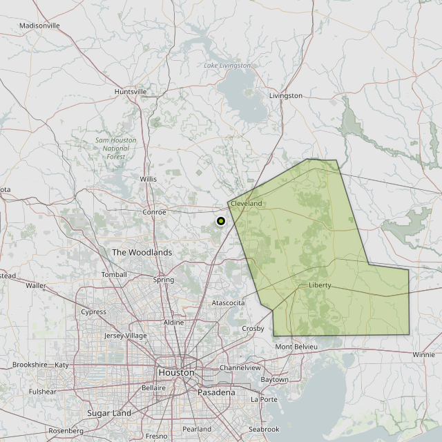 Map showing Liberty County around Cleveland, TX
