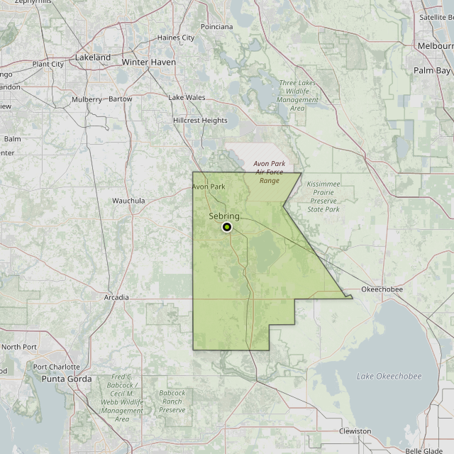 Map showing Highlands County around Sebring, FL
