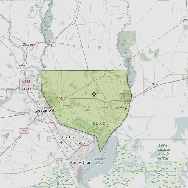 Map showing Orange County around Mauriceville, TX