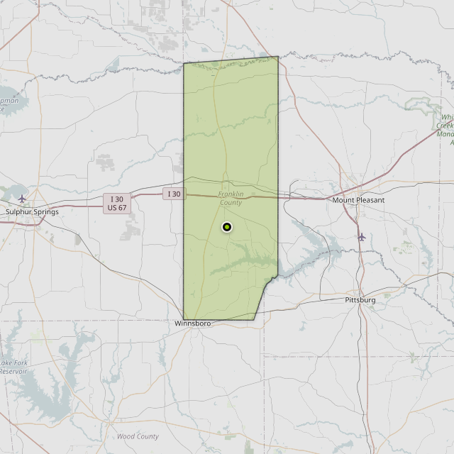 Map showing Franklin County around Mt Vernon, TX