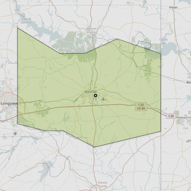 Map showing Harrison County around Marshall, TX