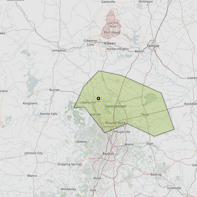Map showing Williamson County around Leander, TX