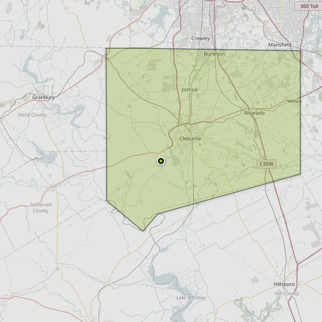 Map showing Johnson County around Cleburne, TX