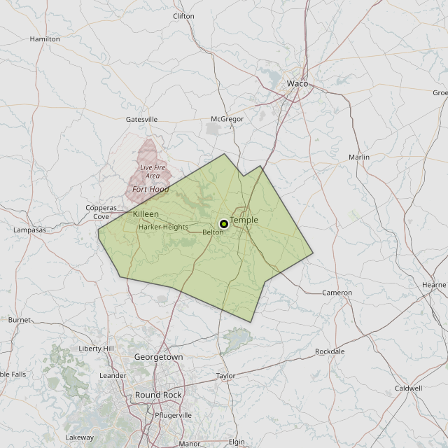 Map showing Bell County around Belton, TX