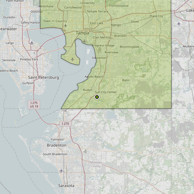 Map showing Hillsborough County around Ruskin, FL