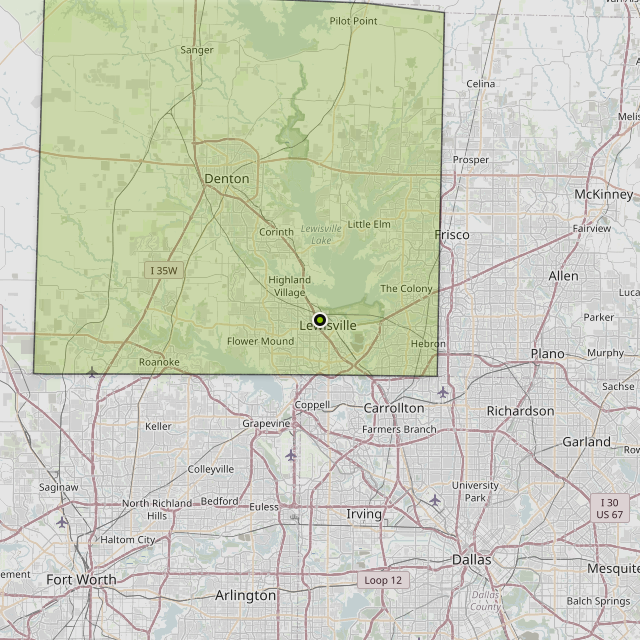 Map showing Denton County around Lewisville, TX