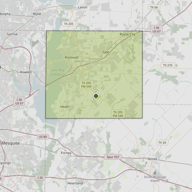 Map showing Rockwall County around Rockwall, TX