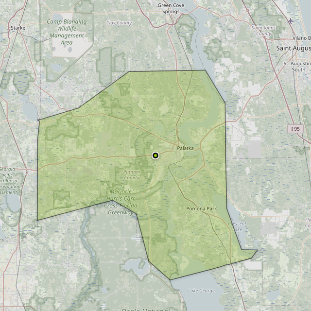 Map showing Putnam County around Palatka, FL