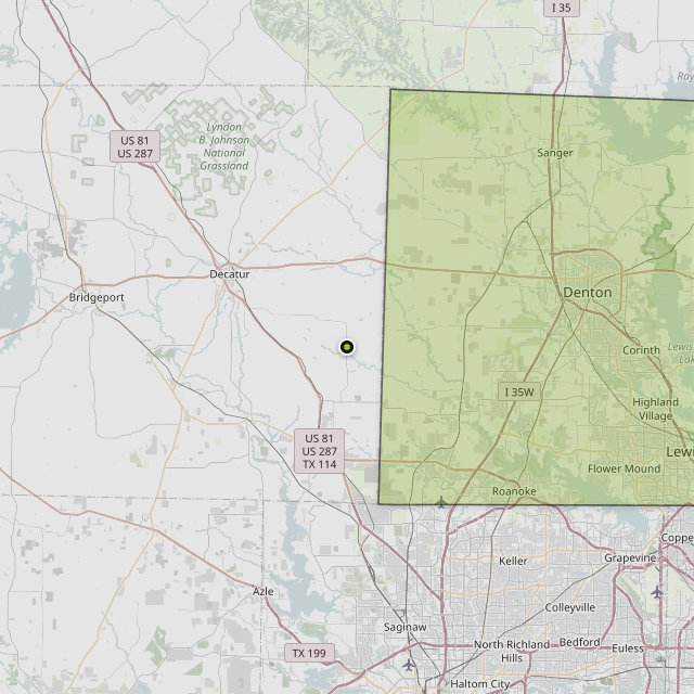 Map showing Denton County around Rhome, TX