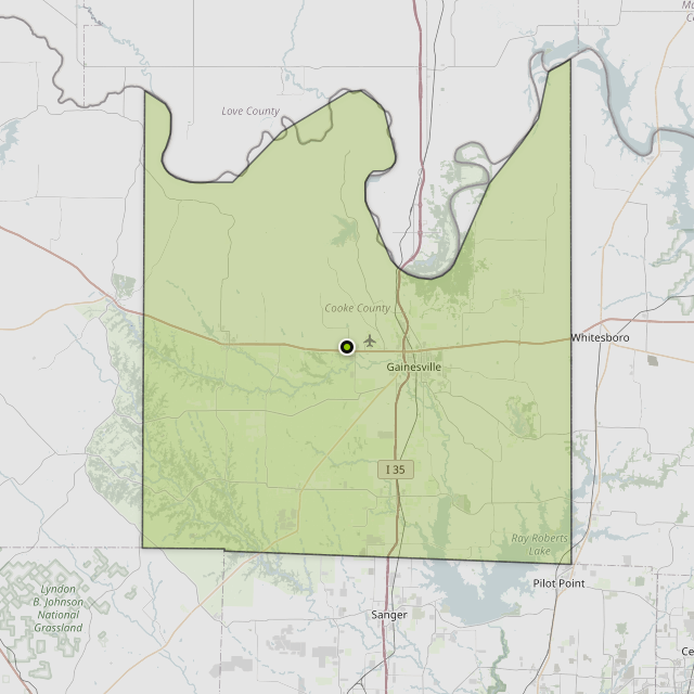 Map showing Cooke County around Gainesville, TX
