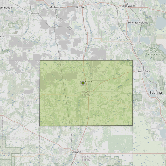 Map showing Hardee County around Wauchula, FL
