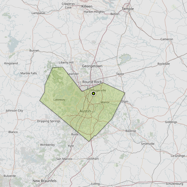 Map showing Travis County around Austin, TX