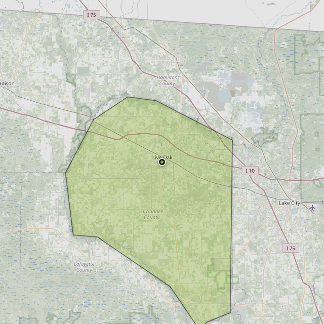 Map showing Suwannee County around Live Oak, FL