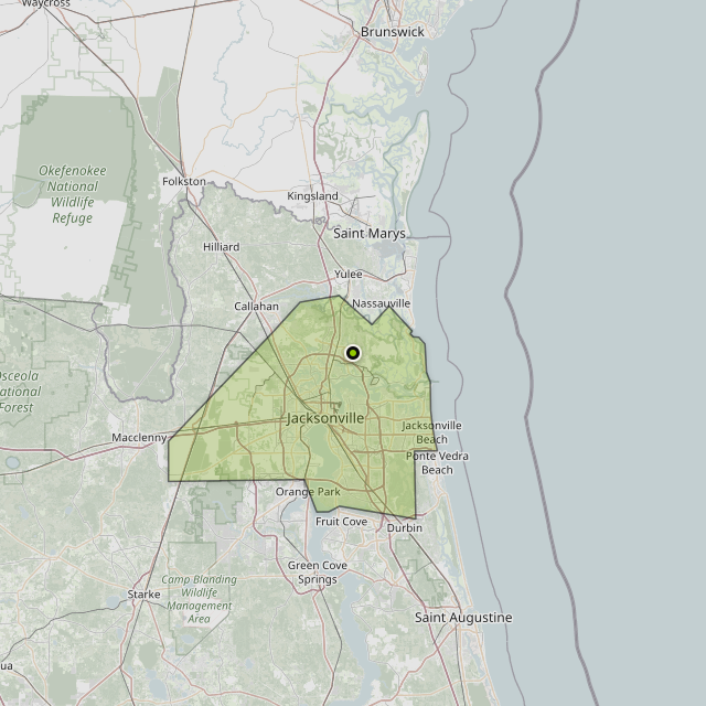 Map showing Duval County around Jacksonville, FL