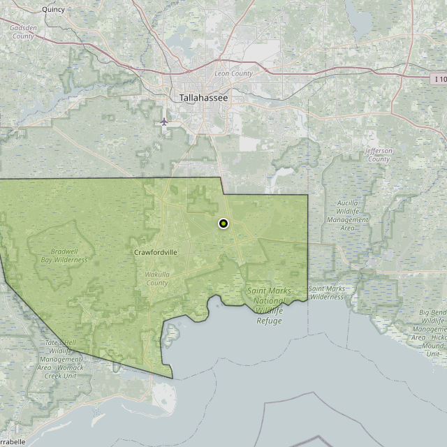 Map showing Wakulla County around Crawfordville, FL