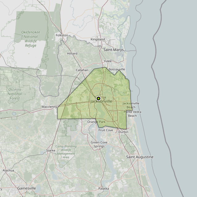 Map showing Duval County around Jacksonville, FL