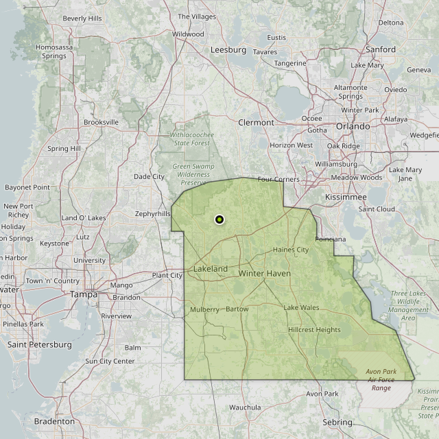 Map showing Polk County around Polk City, FL
