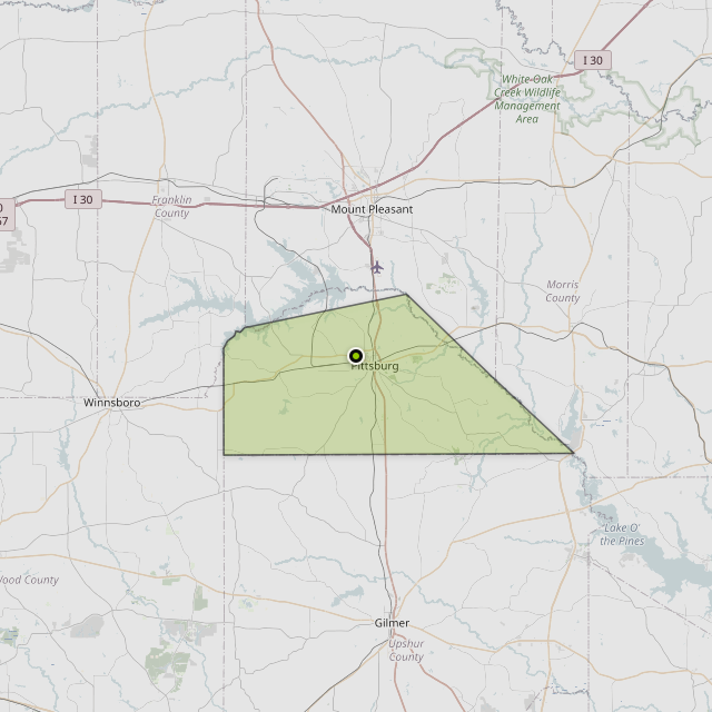 Map showing Camp County around Pittsburg, TX