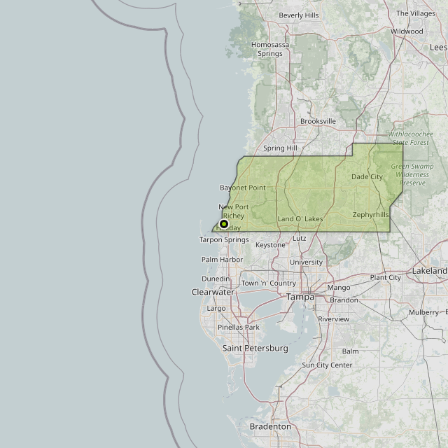 Map showing Pasco County around Holiday, FL