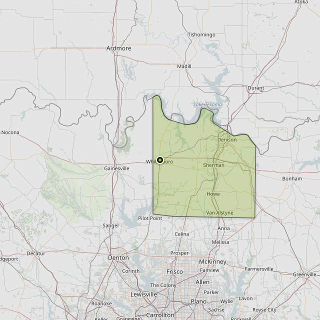Map showing Grayson County around Whitesboro, TX