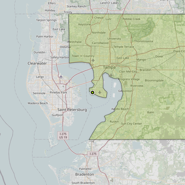 Map showing Hillsborough County around Tampa, FL
