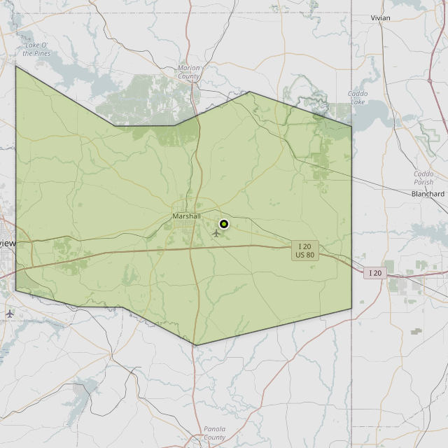 Map showing Harrison County around Marshall, TX