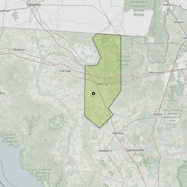 Map showing Columbia County around Lake City, FL