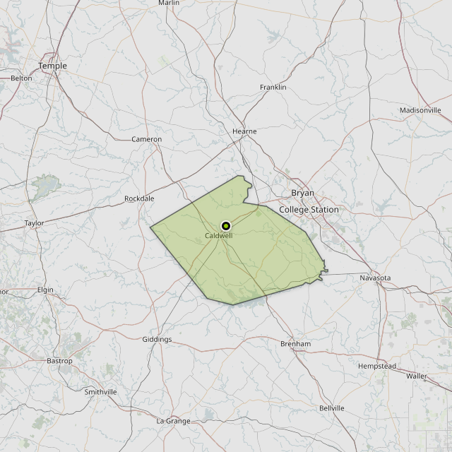 Map showing Burleson County around Caldwell, TX