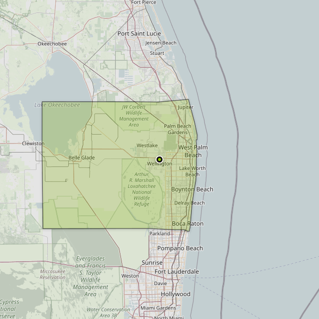 Map showing Palm Beach County around Wellington, FL