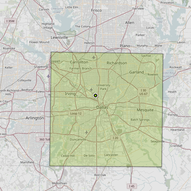 Map showing Dallas County around Dallas, TX