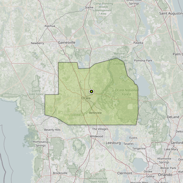 Map showing Marion County around Ocala, FL