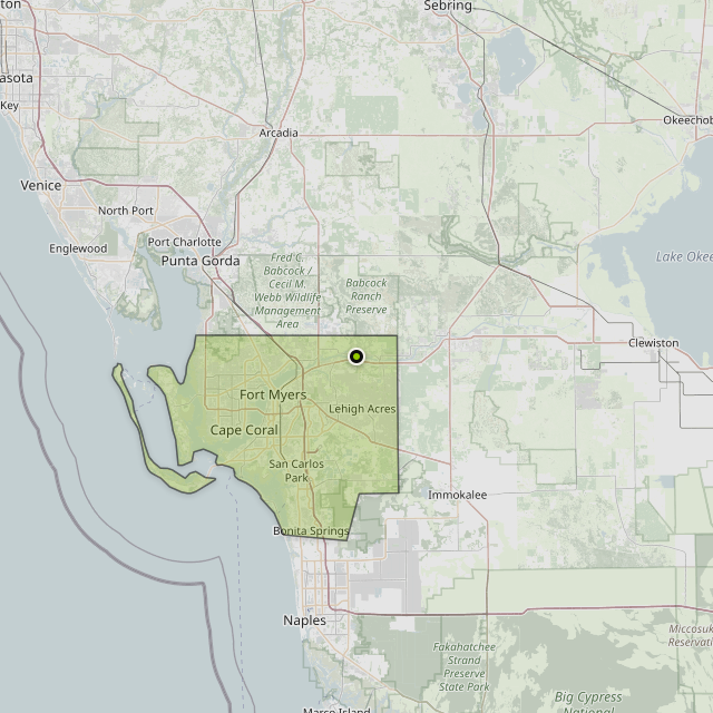 Map showing Lee County around Alva, FL