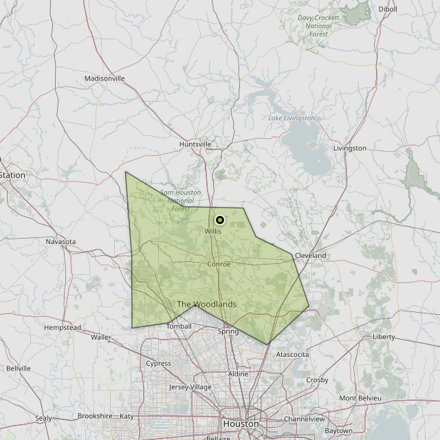 Map showing Montgomery County around Willis, TX