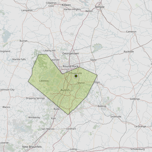 Map showing Travis County around Pflugerville, TX