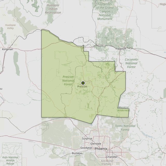Map showing Yavapai County around Prescott, AZ