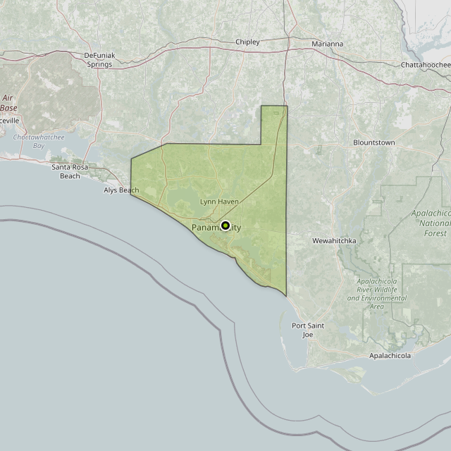 Map showing Bay County around Panama City, FL