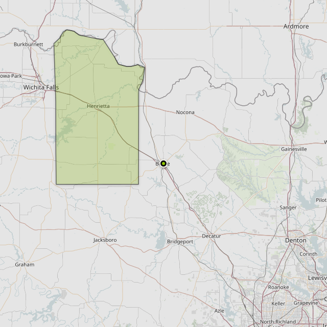 Map showing Clay County around Bowie, TX