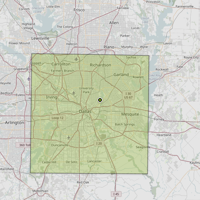 Map showing Dallas County around Dallas, TX
