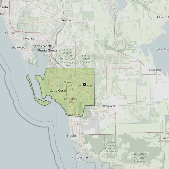 Map showing Lee County around Lehigh Acres, FL