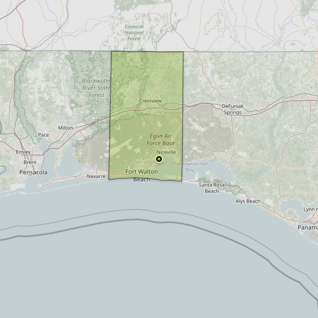 Map showing Okaloosa County around Valparaiso, FL