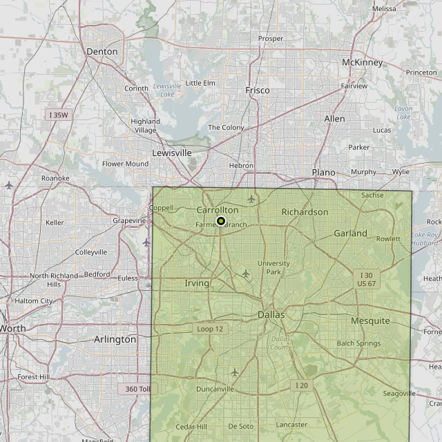 Map showing Dallas County around Farmers Branch, TX