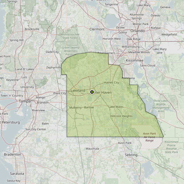 Map showing Polk County around Winter Haven, FL